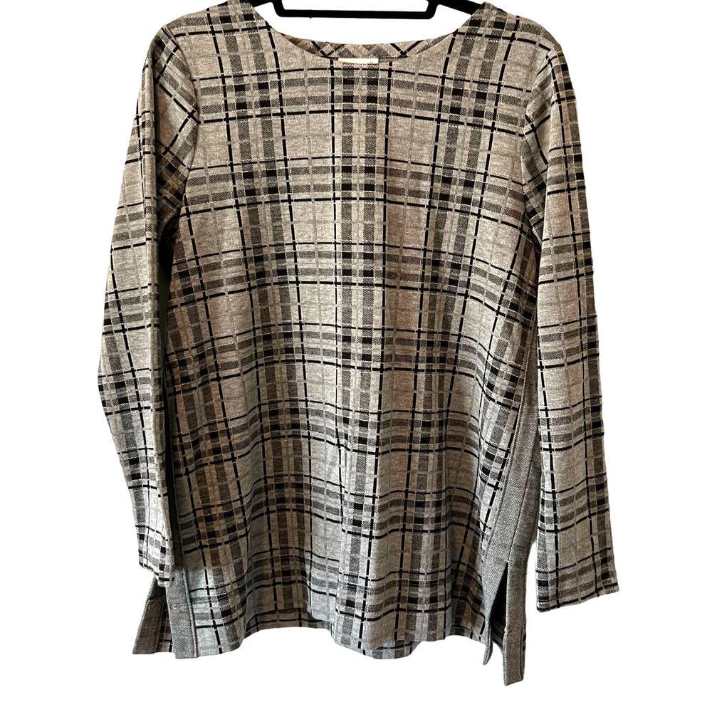 J. JILL Plaid SilverBlack Metallic Shimmer Knit Tunic‎ Top Sz M